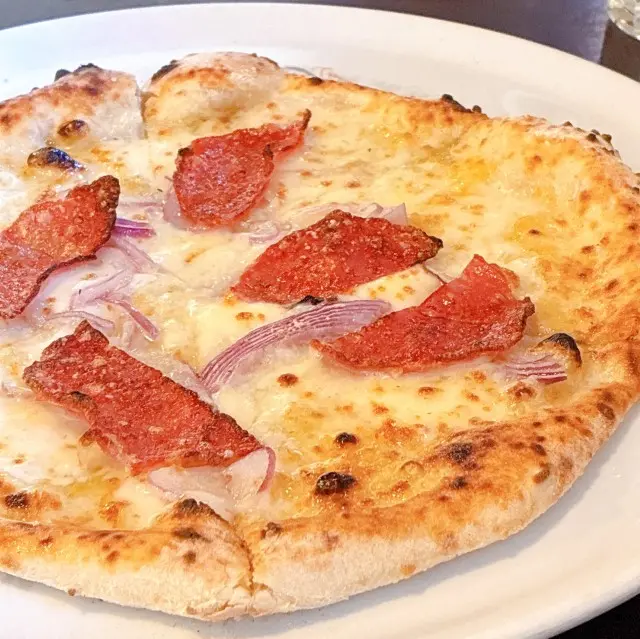 サラミと赤玉ねぎがトッピングされた、香ばしく焼き上がったピッツァ